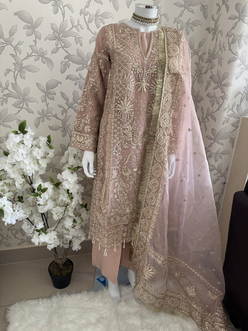 AFROZ Blush Pink Embroidered Organza Suit | Pakistani Wedding & Formal Dress
