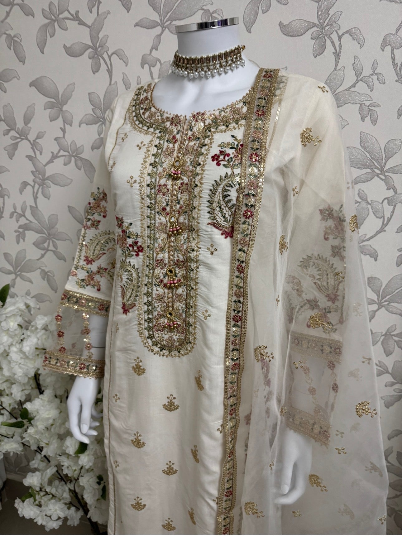 Ivory Cream Embroidered Pakistani 3 Piece Suit – Luxury Eid Festive Wear