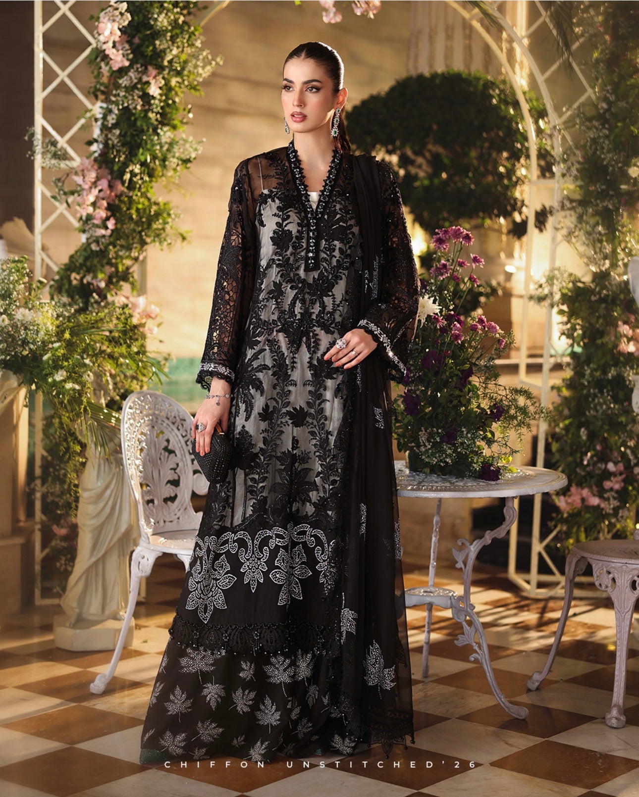 Midnight Noir Luxury Embroidered Chiffon Suit – 3 Piece Collection