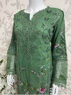 Emerald Green Embroidered Lawn Suit – Luxury Pakistani 3 Piece Set with Net Dupatta