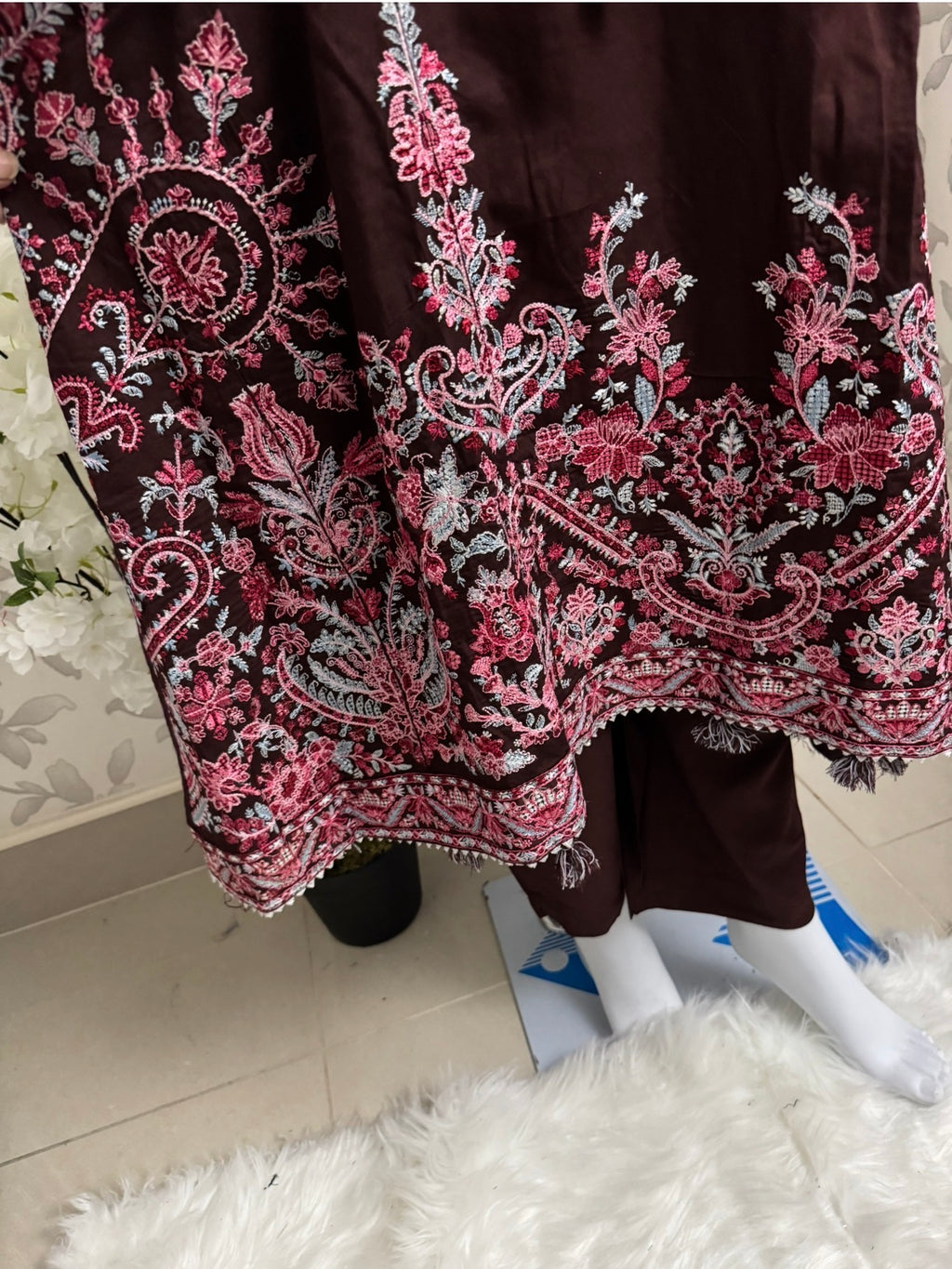 HUSN-E-EID Elegance Brown Embroidered Pakistani Suit with Printed Dupatta