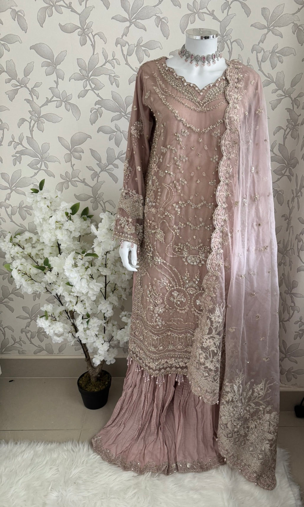 SERENE Blush Pink Embroidered Sharara Suit | Pakistani Designer Wedding Dress