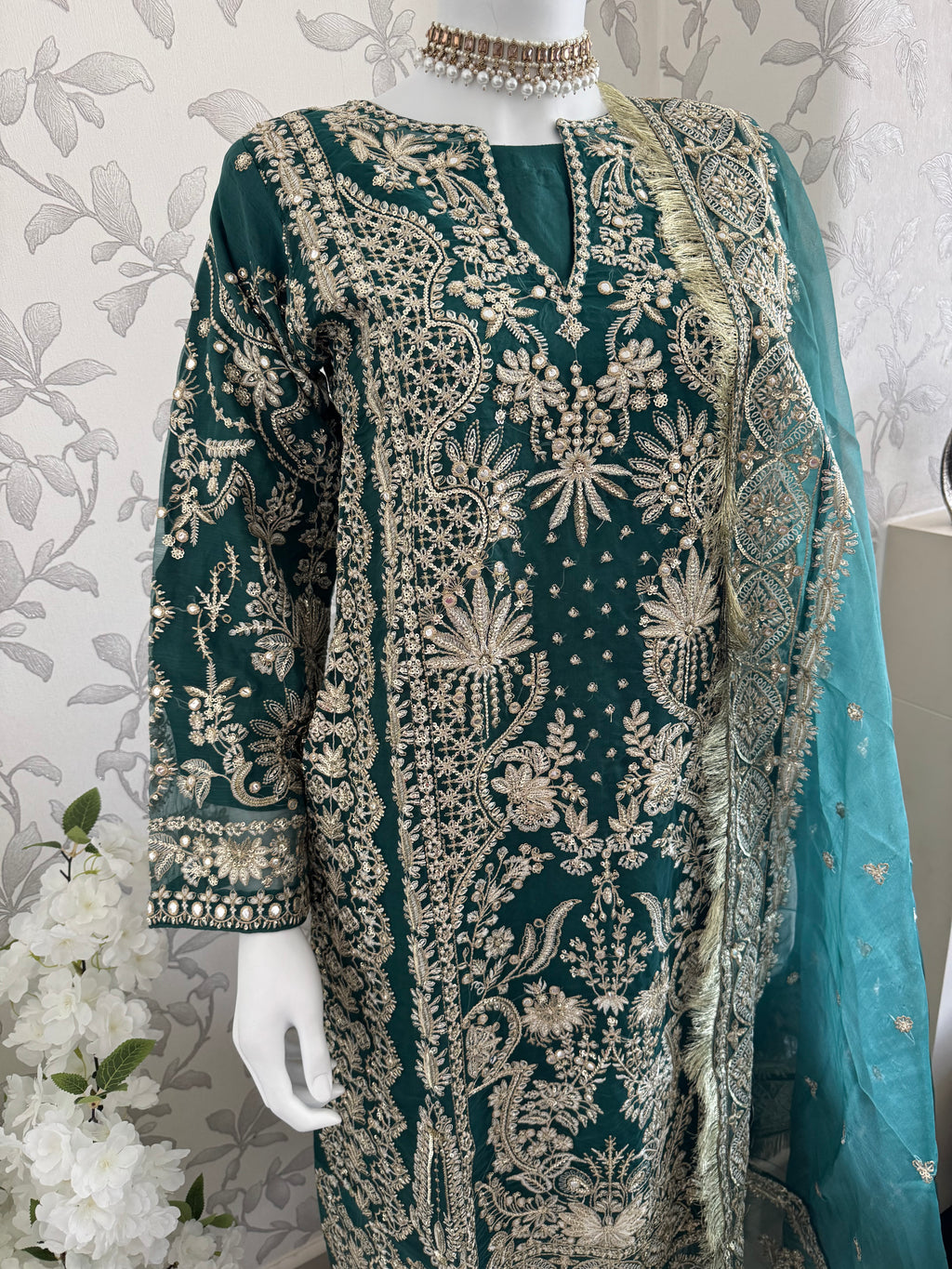 AFROZ Emerald Embroidered Organza Suit | Pakistani Wedding & Formal Dress
