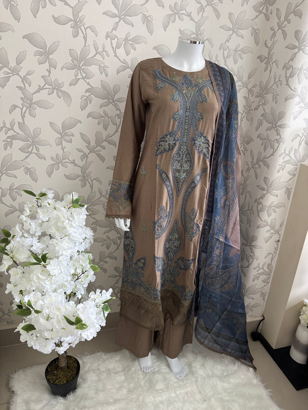 M Prints inspired Embroidered 3-Piece Suit | Pakistani Designer Dress