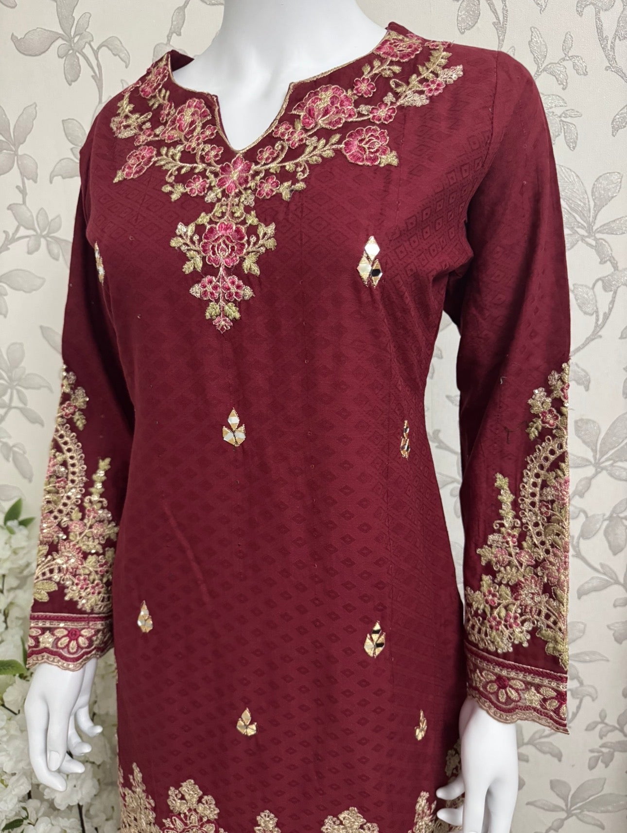 Maroon Embroidered Gharara Suit with organza Dupatta – Luxury Pakistani 3 Piece Set