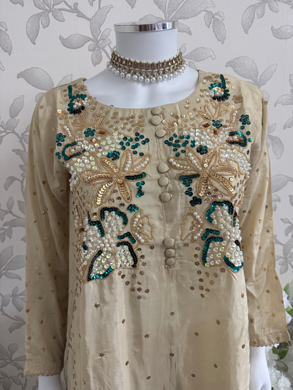 SILKY CHARM Luxury Embroidered Silk Suit with Pearl & Sequin Work