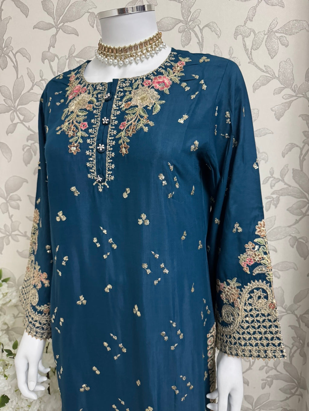 Teal Blue Embroidered Pakistani 3 Piece Suit – Luxury Eid Festive Wear