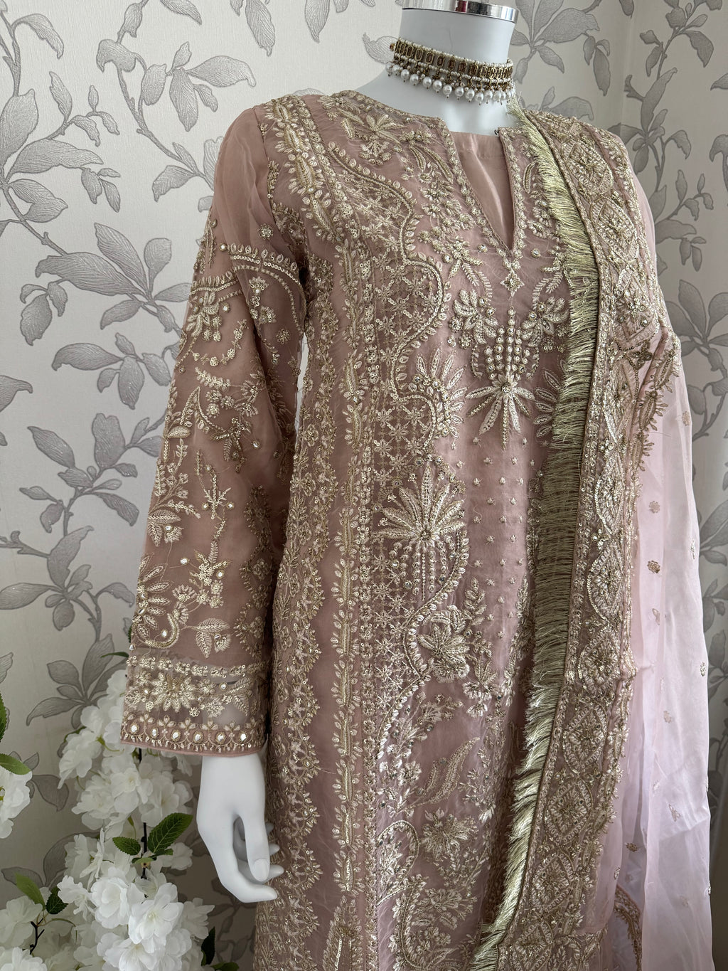 AFROZ Blush Pink Embroidered Organza Suit | Pakistani Wedding & Formal Dress