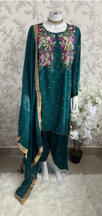 SILKY CHARM Luxury Embroidered Silk Suit with Pearl & Sequin Work