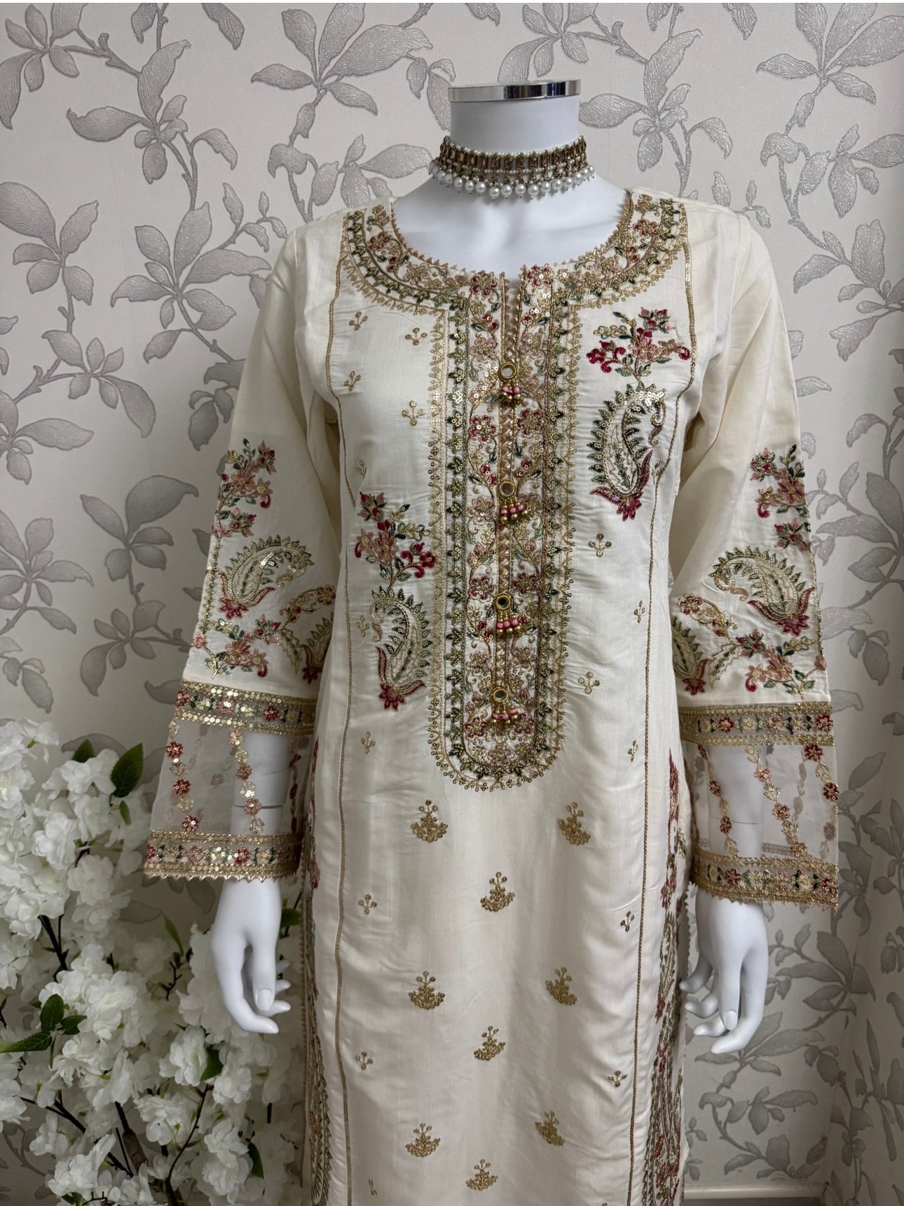 Ivory Cream Embroidered Pakistani 3 Piece Suit – Luxury Eid Festive Wear