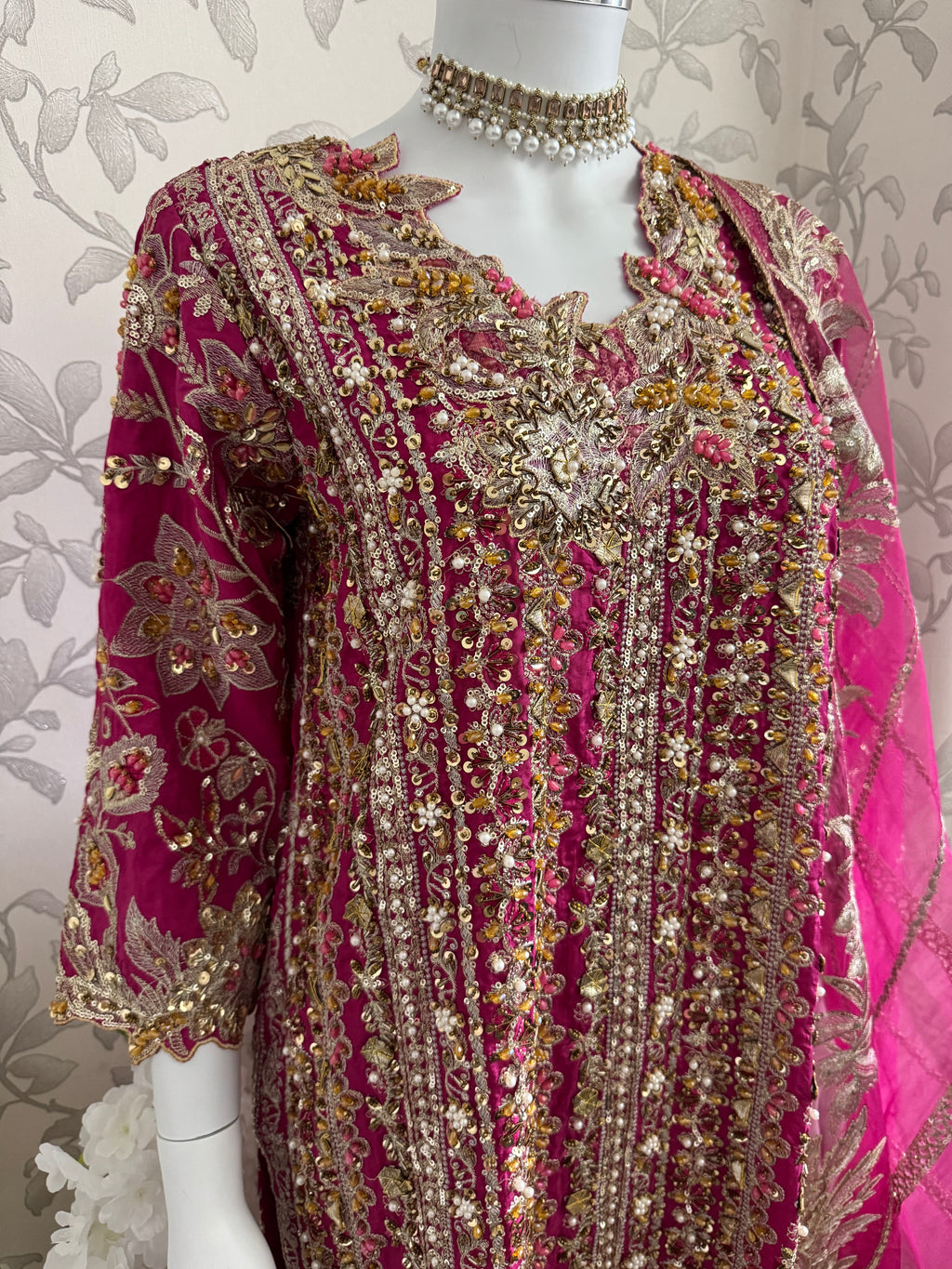 SAFINA….. Hot Pink Luxury Embroidered Pakistani Formal Suit with Organza Dupatta