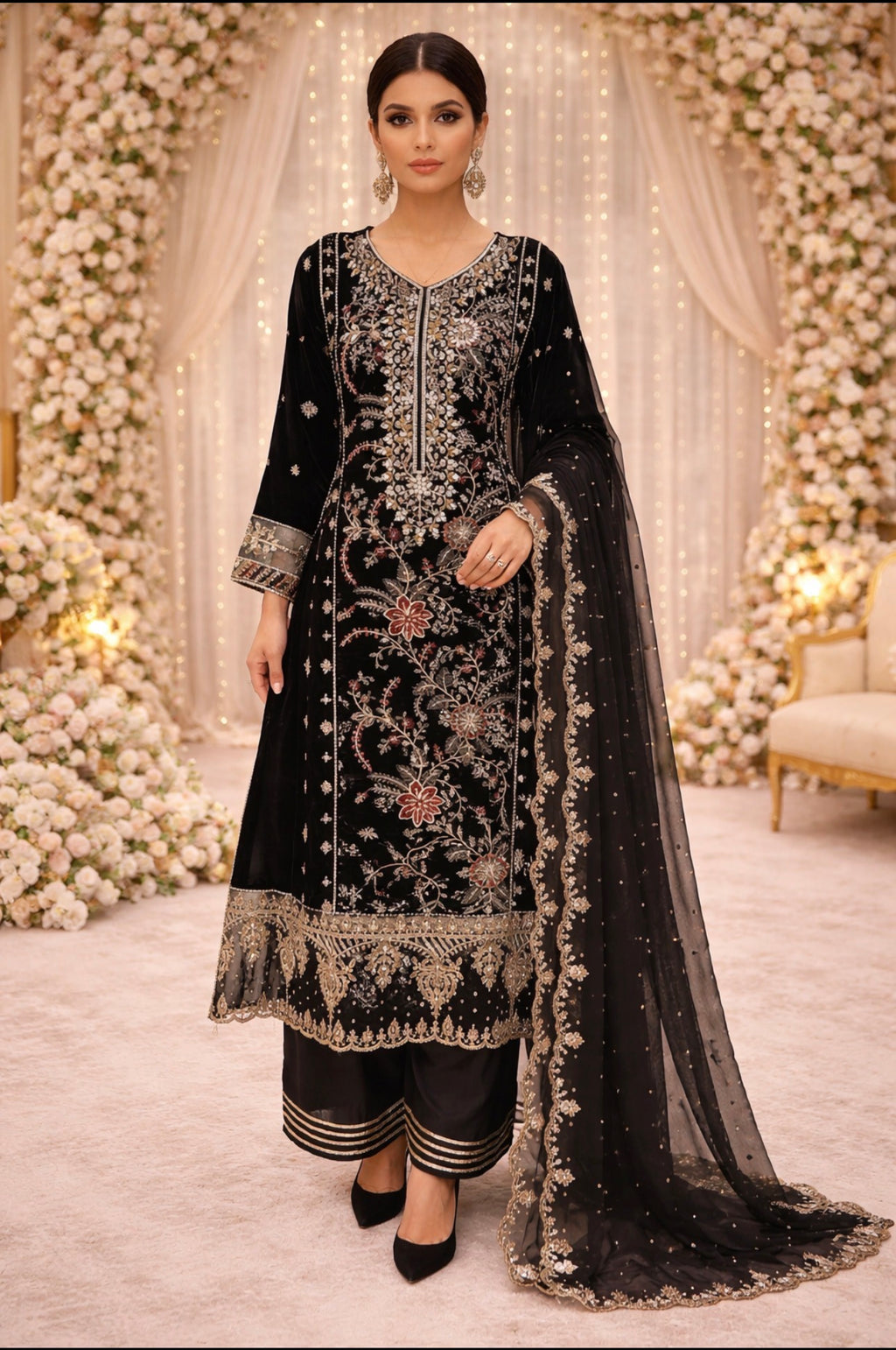 MAHRUKH  heavy Embroidered 3-piece velvet Suit| Pakistani Wedding & Party Wear
