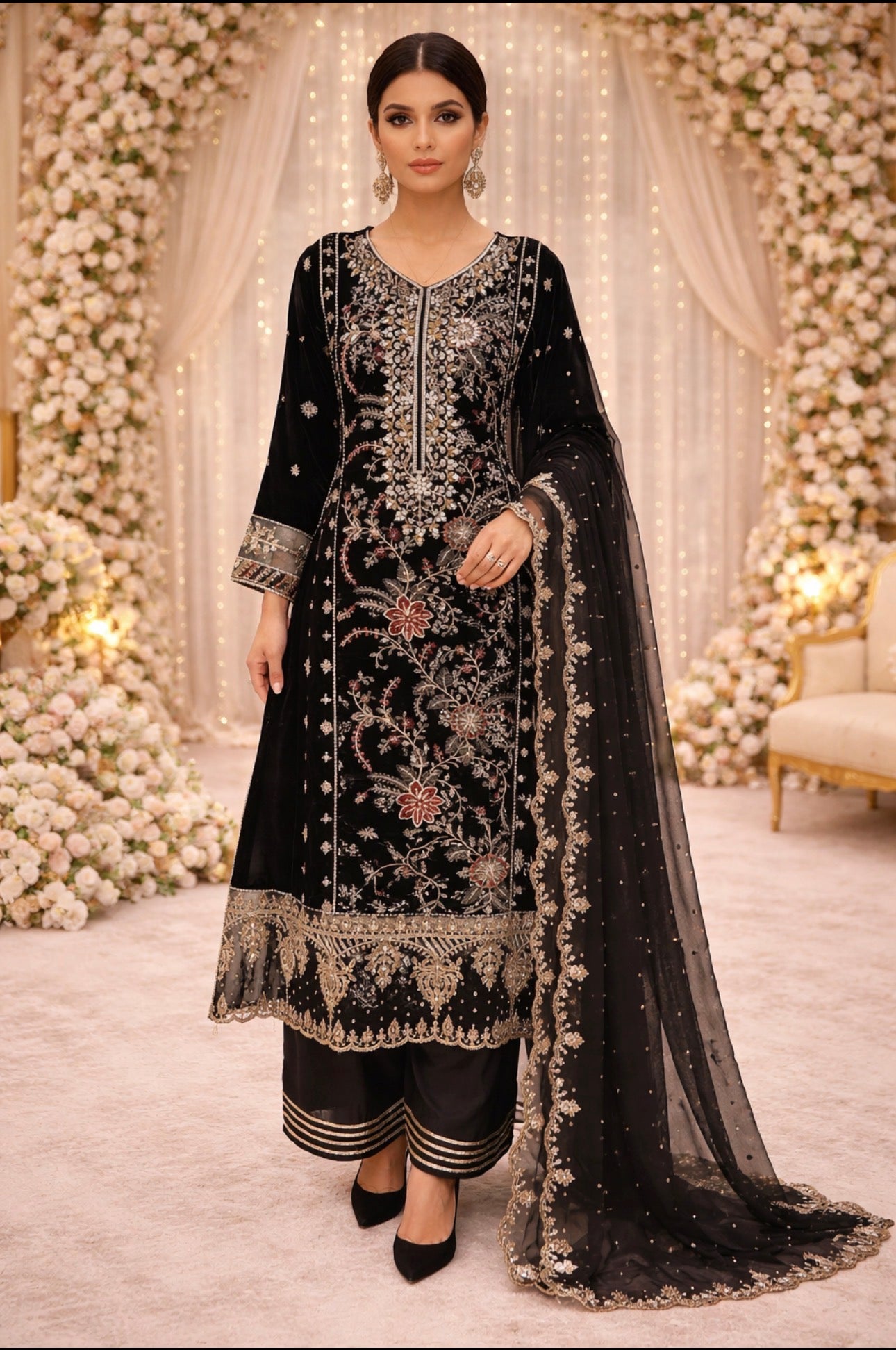 MAHRUKH  heavy Embroidered 3-piece velvet Suit| Pakistani Wedding & Party Wear
