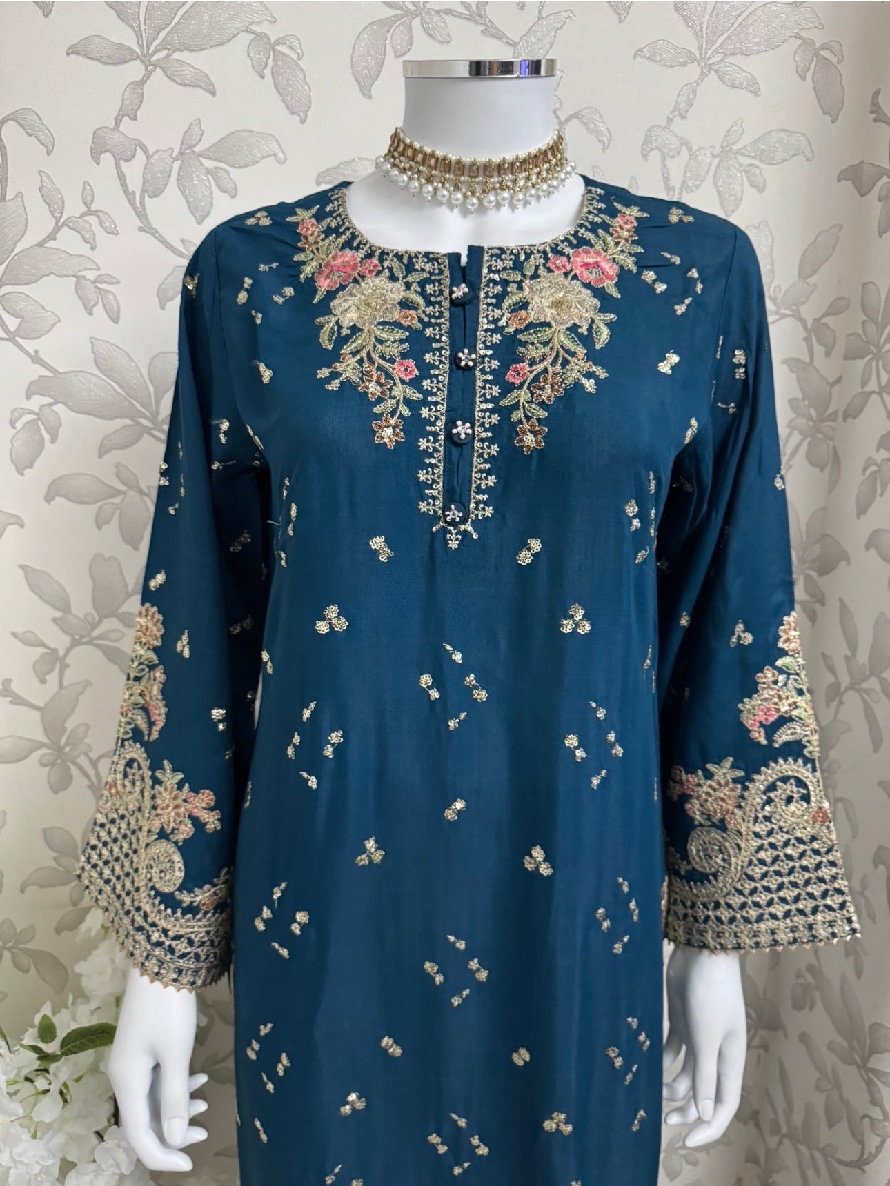 Teal Blue Embroidered Pakistani 3 Piece Suit – Luxury Eid Festive Wear
