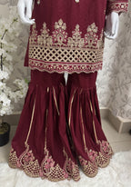 Maroon Embroidered Gharara Suit with organza Dupatta – Luxury Pakistani 3 Piece Set