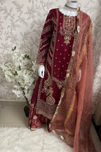 GULAAB…. Deep Maroon Embroidered Pakistani Sharara Suit with Rose Gold Dupatta