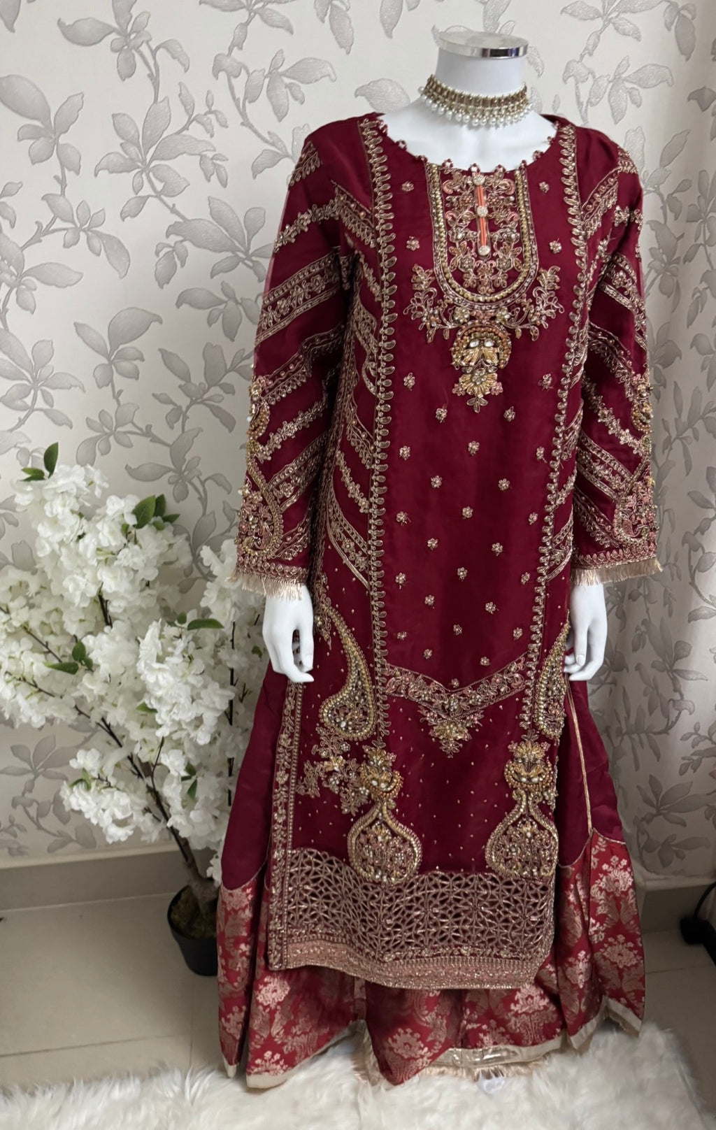 GULAAB…. Deep Maroon Embroidered Pakistani Sharara Suit with Rose Gold Dupatta