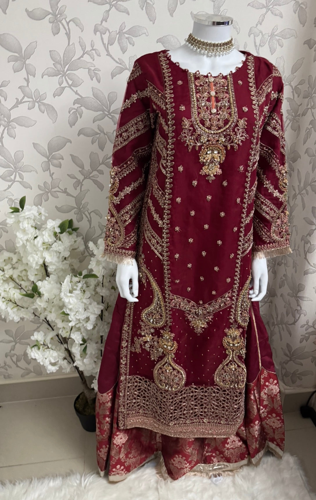 GULAAB…. Deep Maroon Embroidered Pakistani Sharara Suit with Rose Gold Dupatta