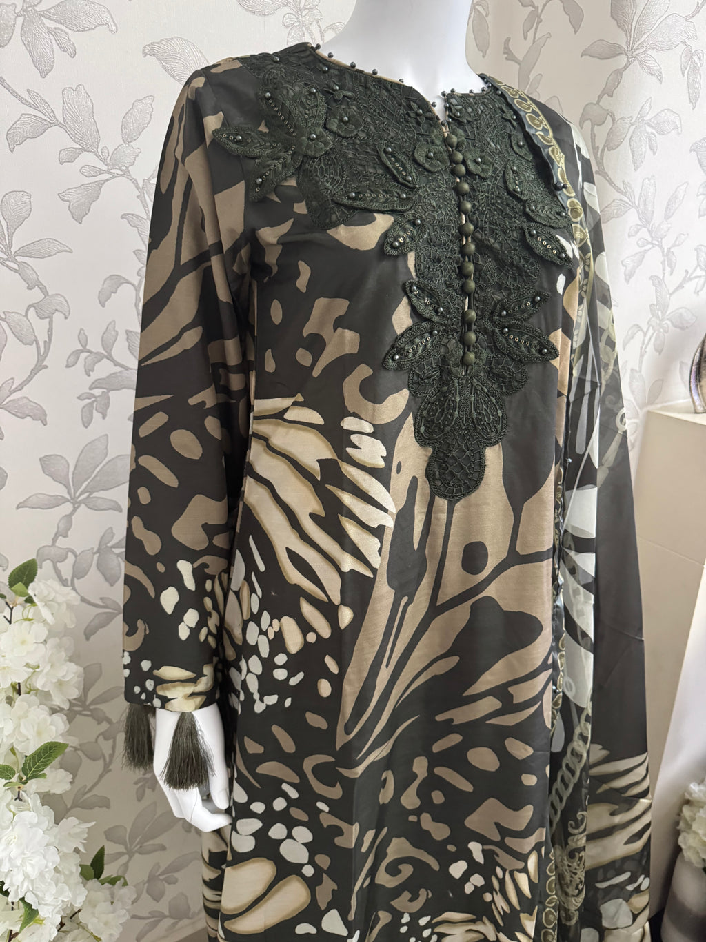 M Prints inspired Embroidered 3-Piece Suit | Pakistani Designer Dress