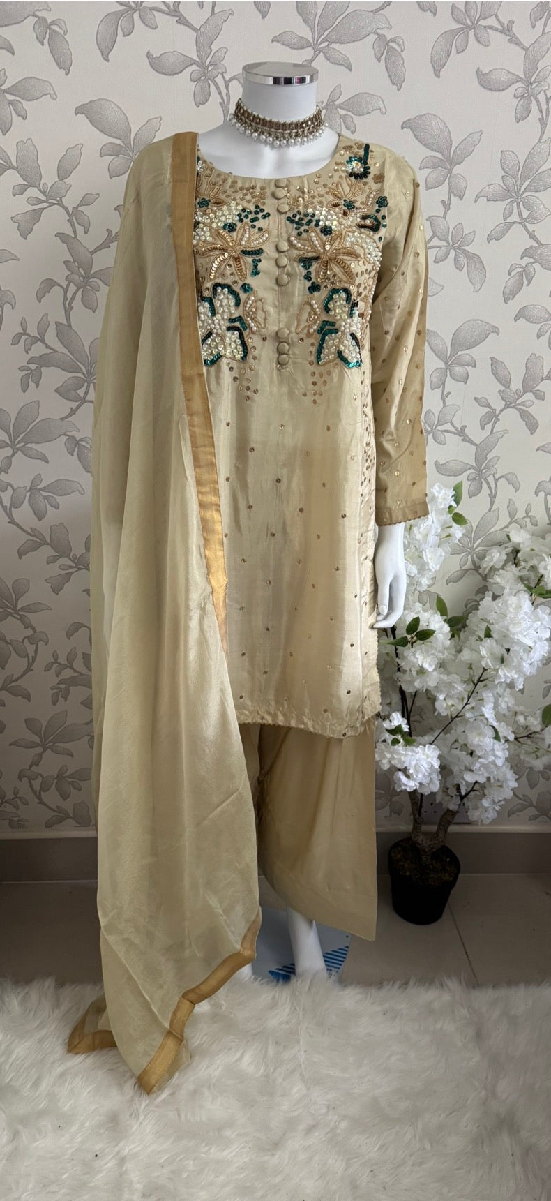 SILKY CHARM Luxury Embroidered Silk Suit with Pearl & Sequin Work