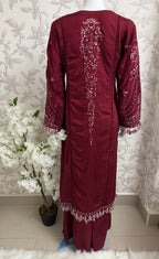 HUSN-E-EID Maroon Embroidered Pakistani 3 piece suit