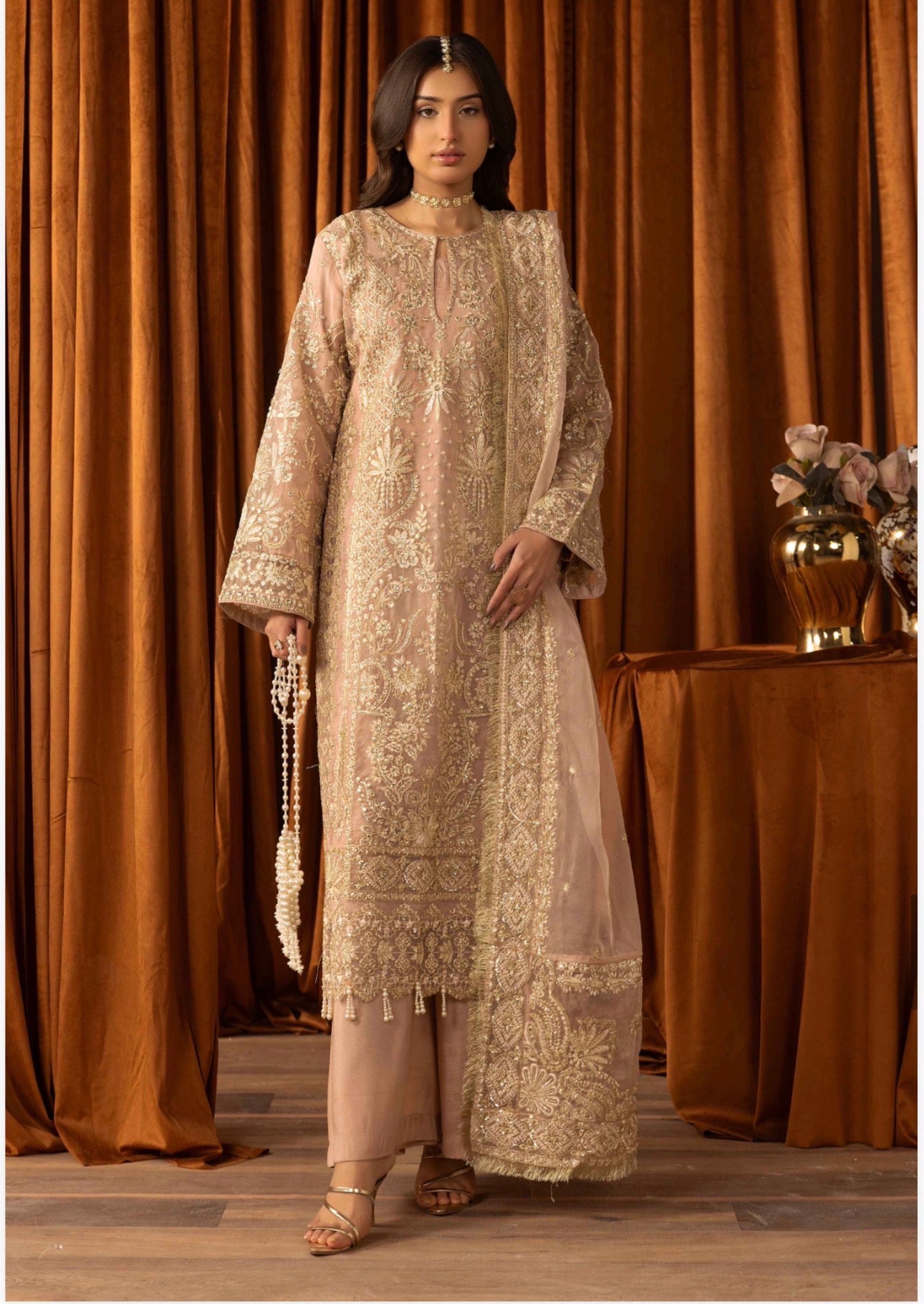AFROZ Blush Pink Embroidered Organza Suit | Pakistani Wedding & Formal Dress