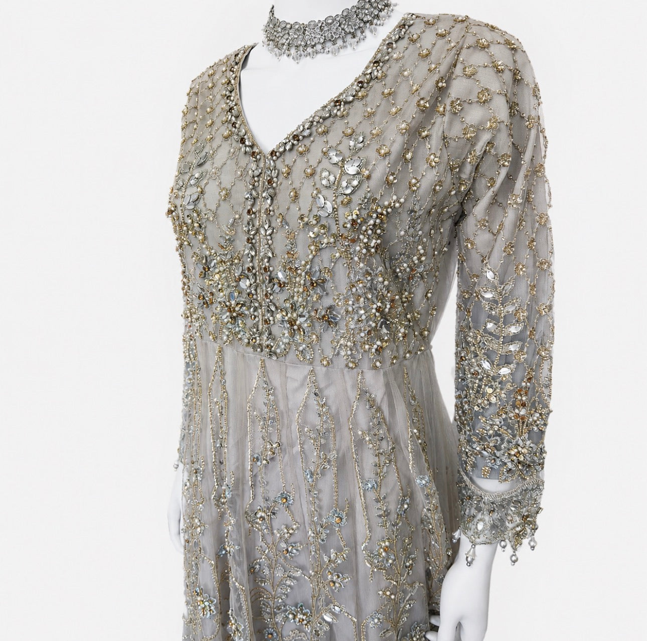 MASHAL…. Embroidered Net Maxi Dress with embroidered organza Dupatta