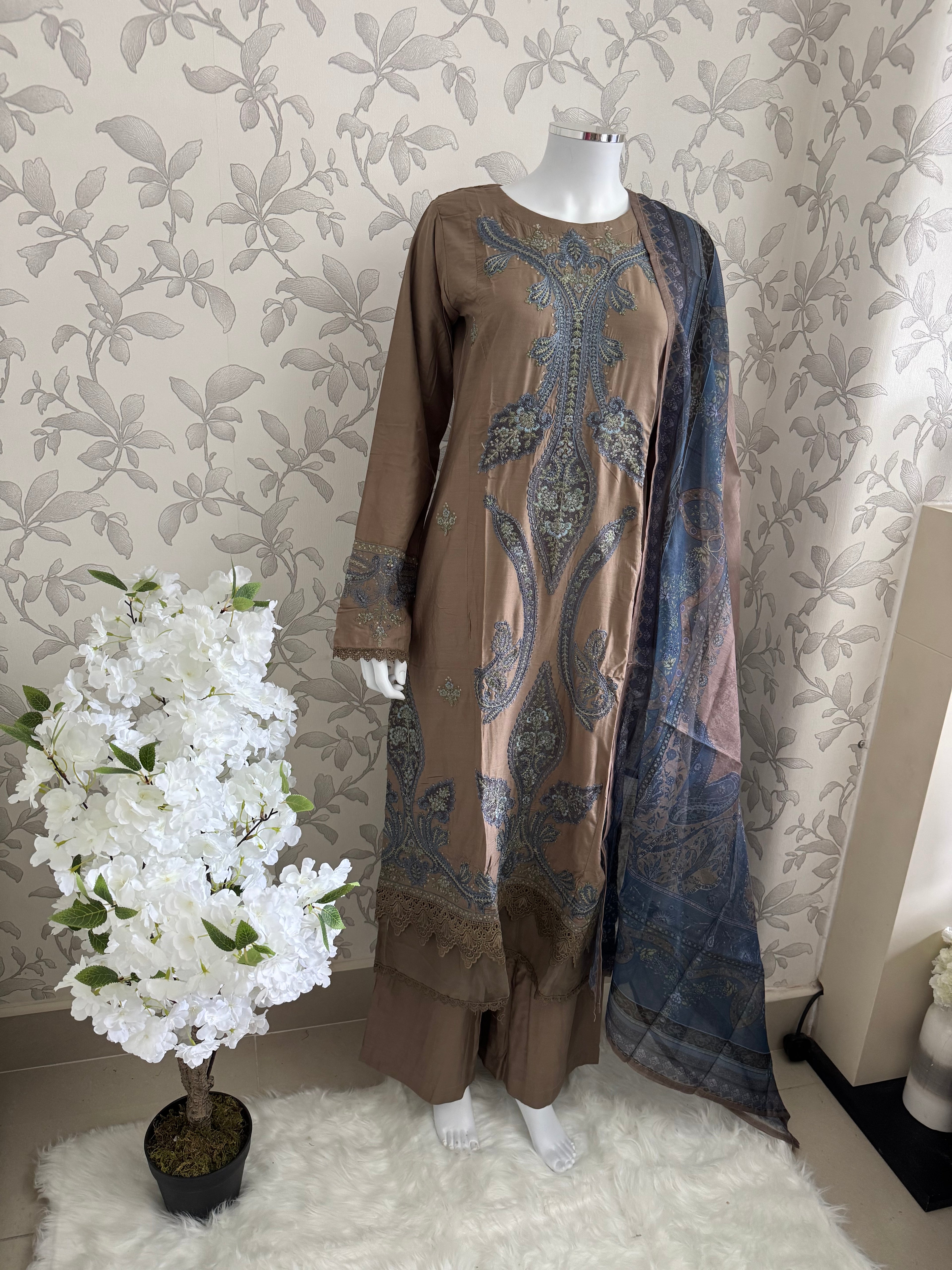 M Prints inspired Embroidered 3-Piece Suit | Pakistani Designer Dress