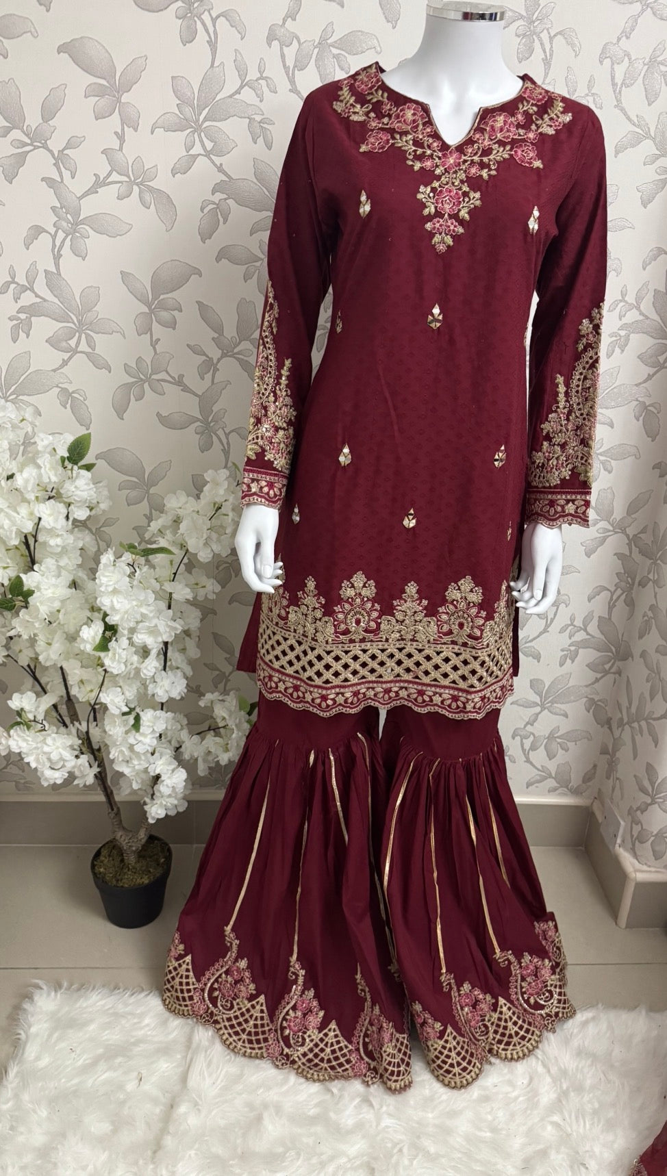 Maroon Embroidered Gharara Suit with organza Dupatta – Luxury Pakistani 3 Piece Set