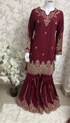 Maroon Embroidered Gharara Suit with organza Dupatta – Luxury Pakistani 3 Piece Set