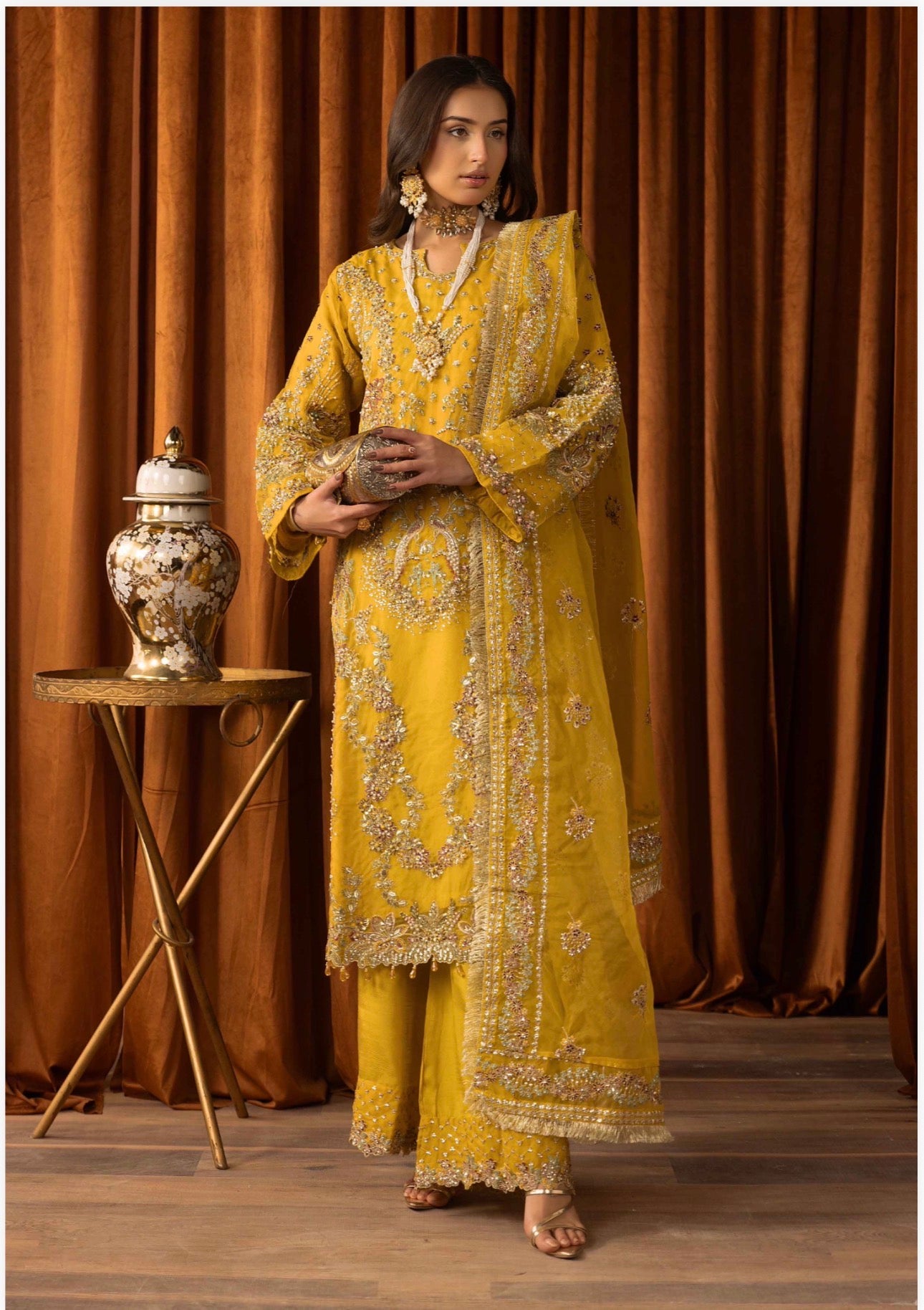 SANGEET Embroidered 3 piece Wedding Suit | Pakistani Mehndi, Mayon & Wedding Wear