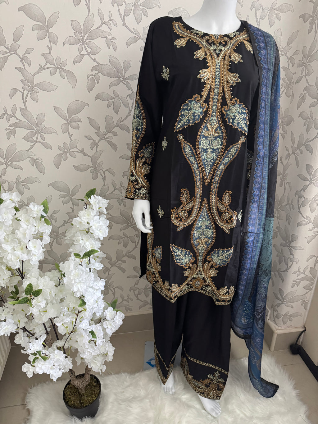 M Prints inspired Embroidered 3-Piece Suit | Pakistani Designer Dress