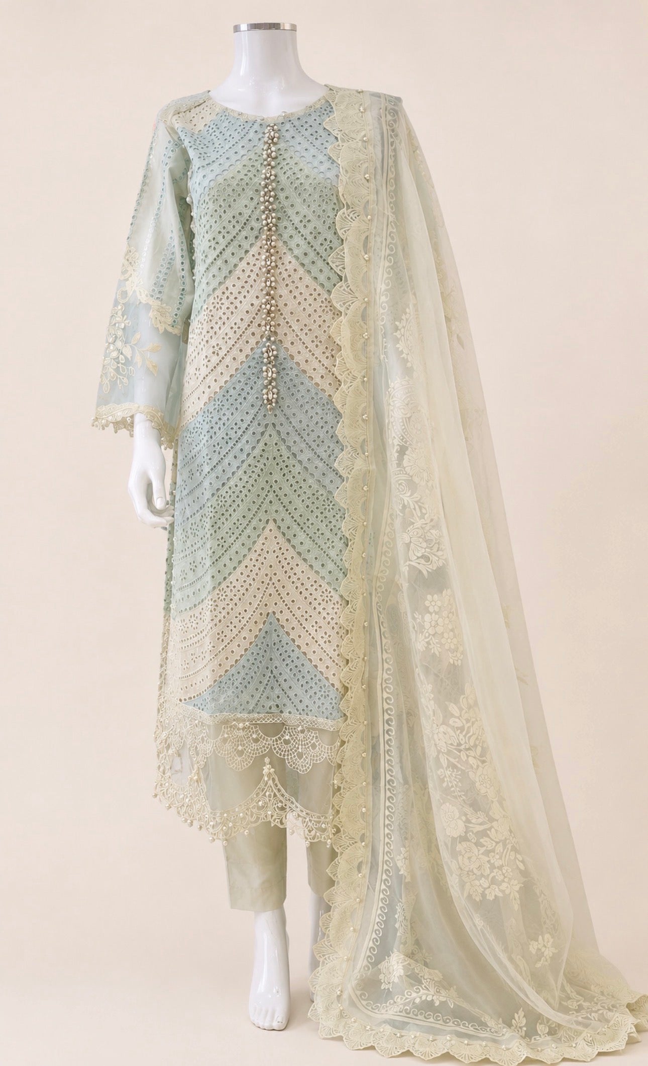 Mint Pearl Luxury Embroidered Suit – 3 Piece Collection