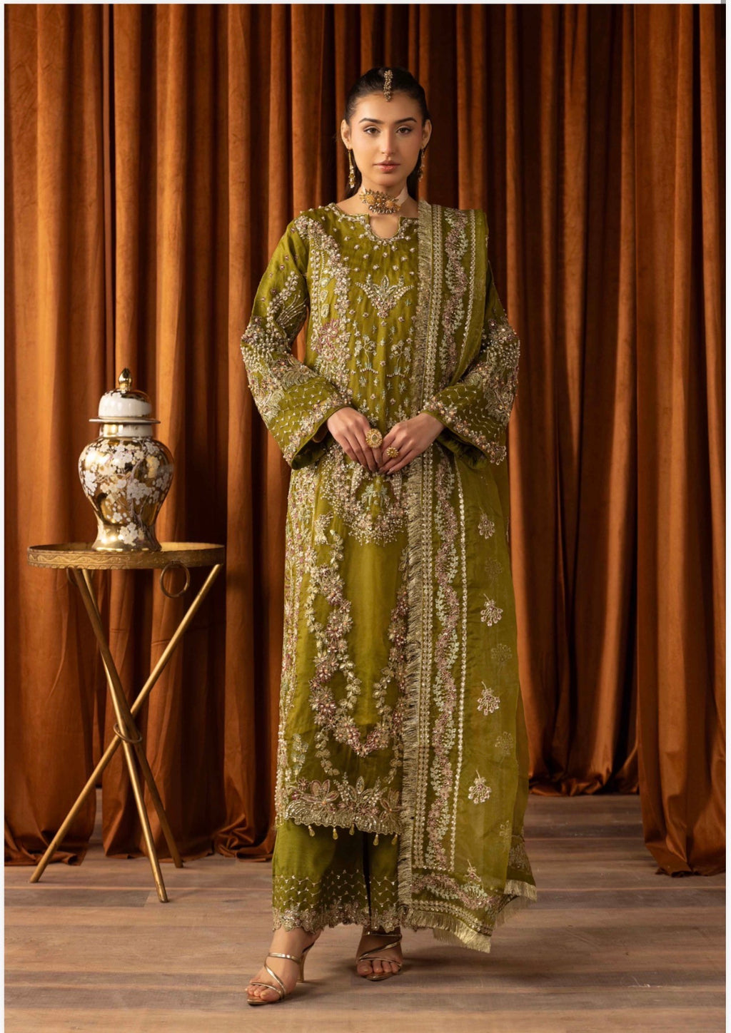 SANGEET Embroidered 3 piece Wedding Suit | Pakistani Mehndi, Mayon & Wedding Wear