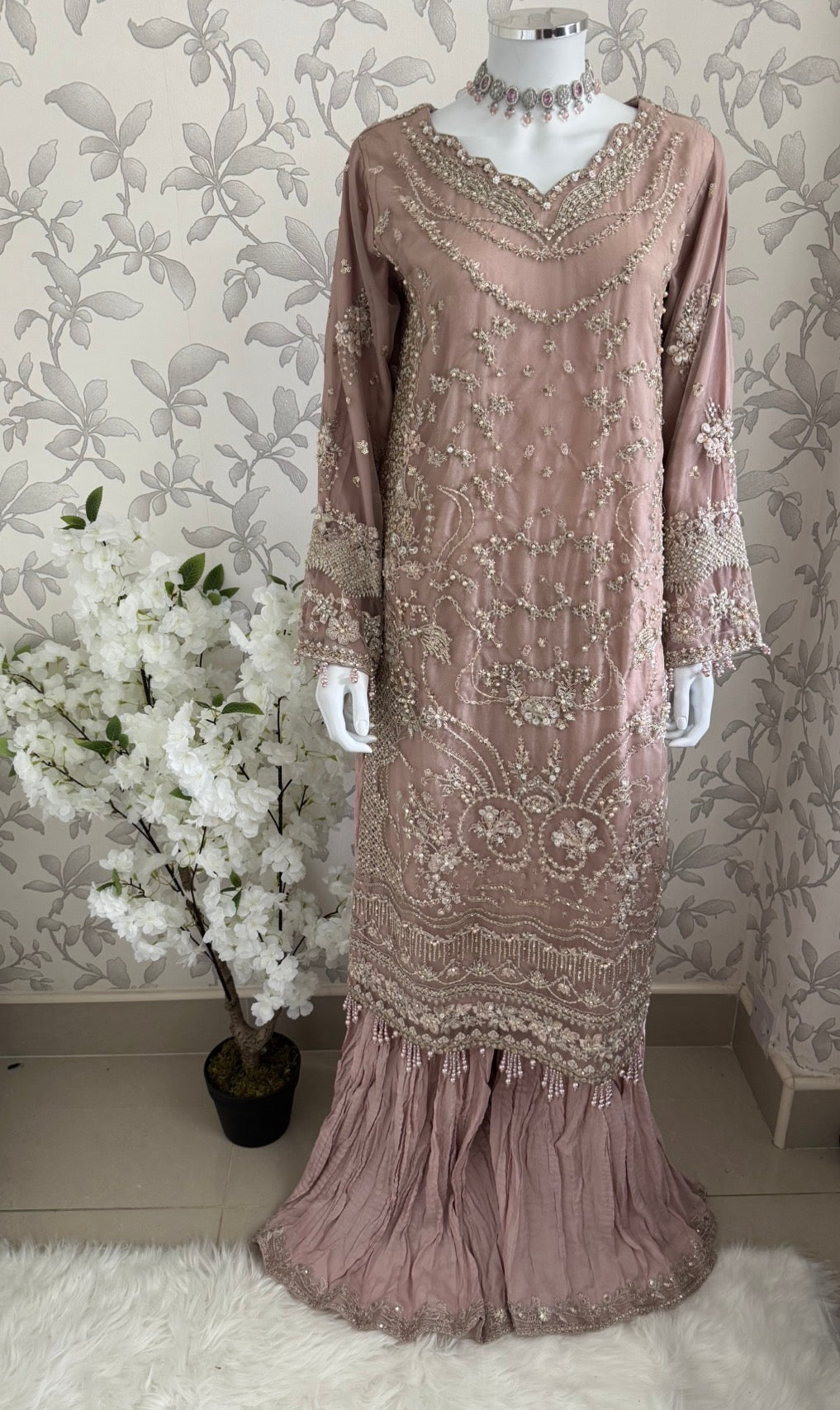 SERENE Blush Pink Embroidered Sharara Suit | Pakistani Designer Wedding Dress