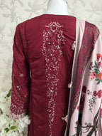 HUSN-E-EID Maroon Embroidered Pakistani 3 piece suit