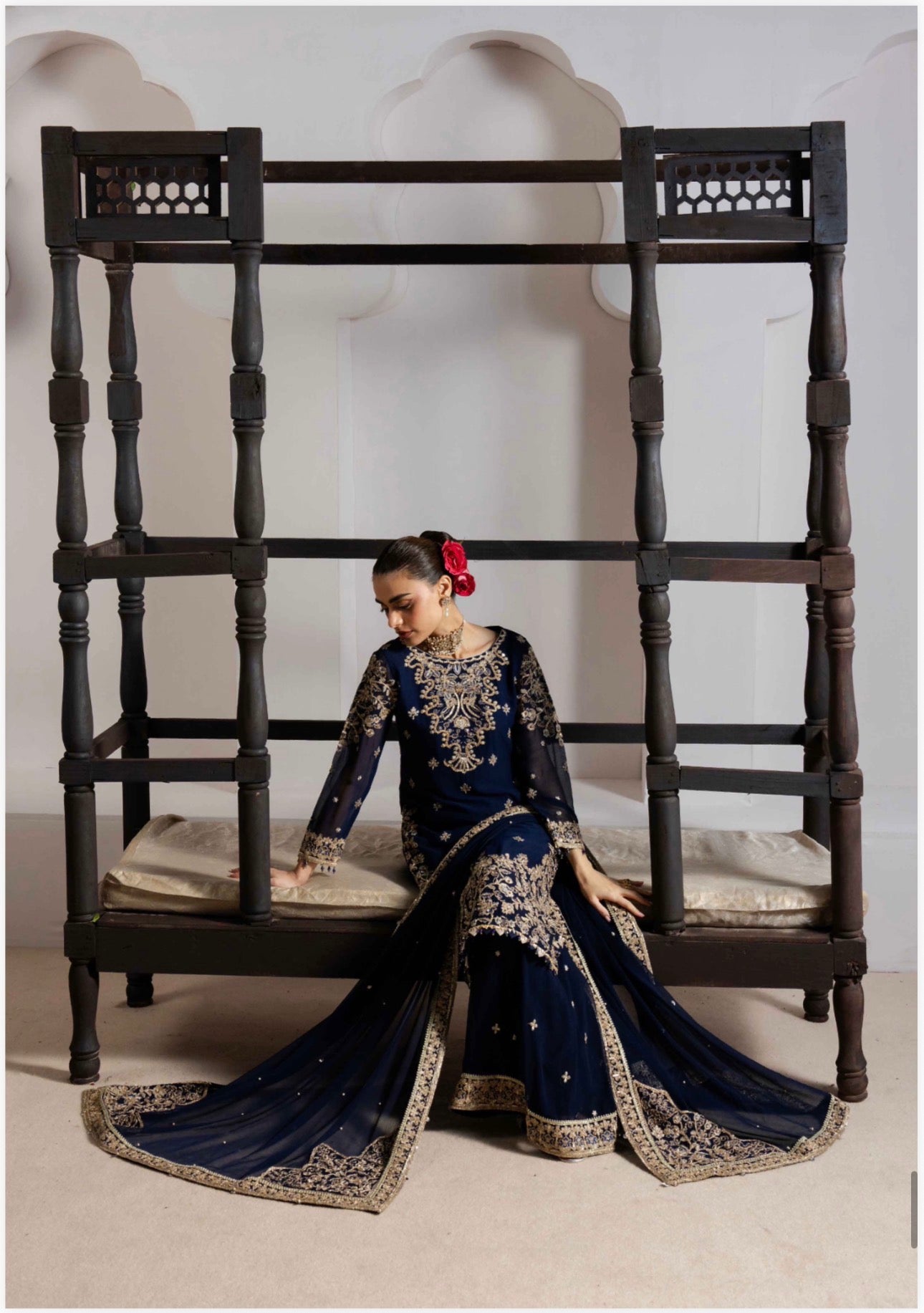 ALANI Navy Blue Luxury Embroidered Gharara Suit | Pakistani Wedding & Party Wear