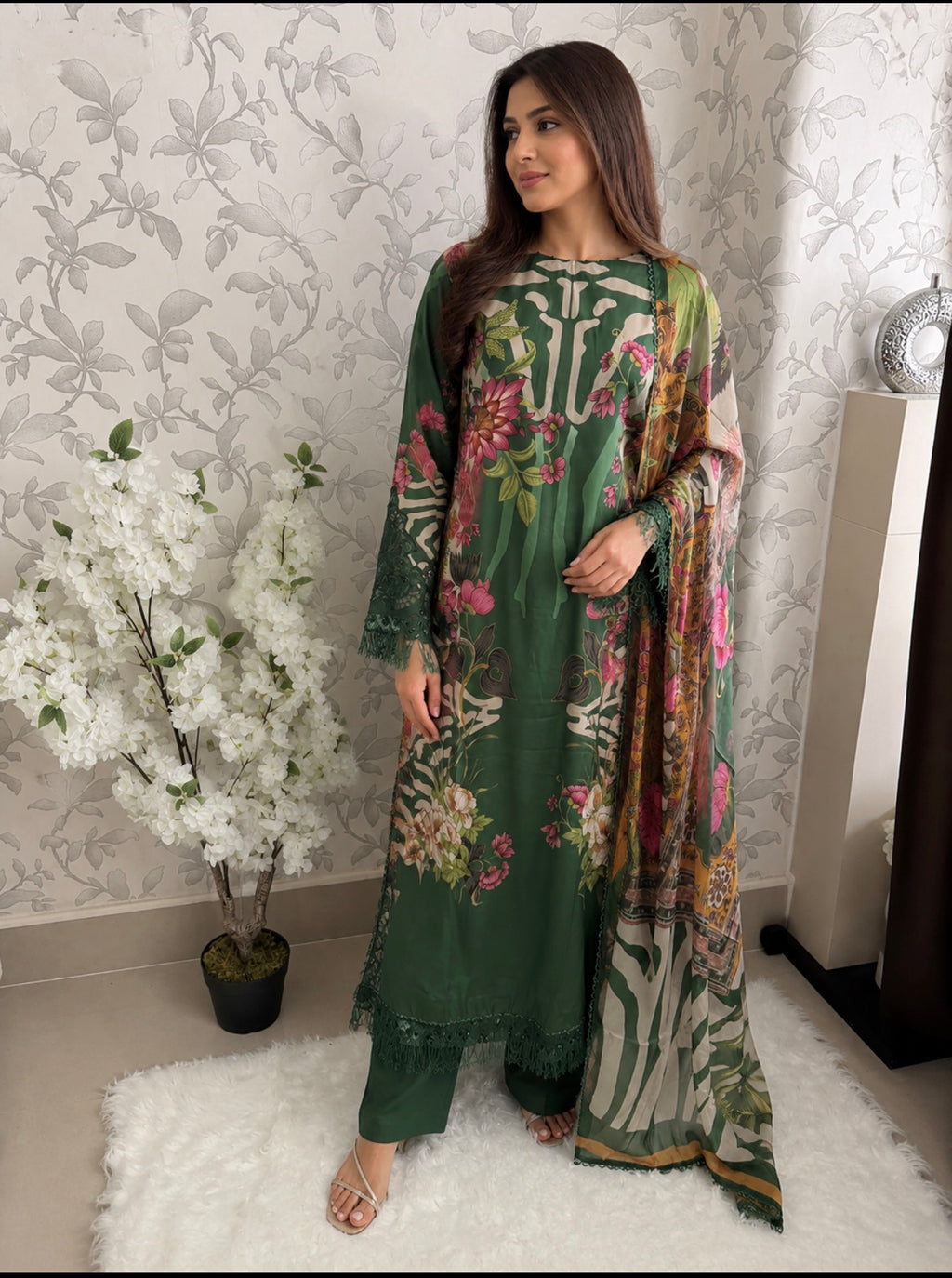 M Prints inspired Embroidered 3-Piece Suit | Pakistani Designer Dress