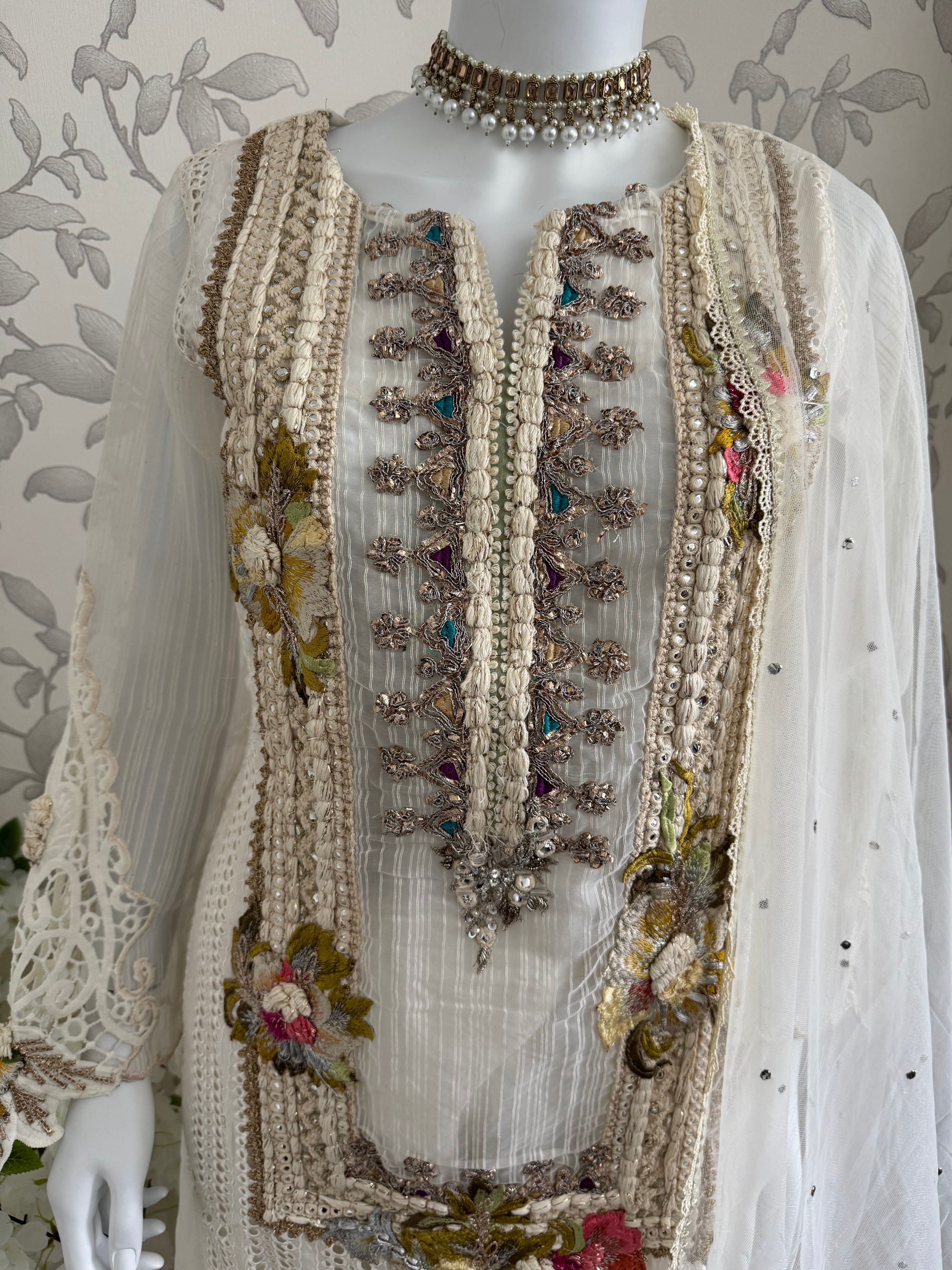 UJAALA….. Elegant White Embroidered Pakistani Suit with net Dupatta