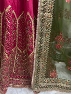 Pakistani Bridal Lehenga Choli – Fuchsia Pink Embroidered Wedding Dress with Green Organza Dupatta