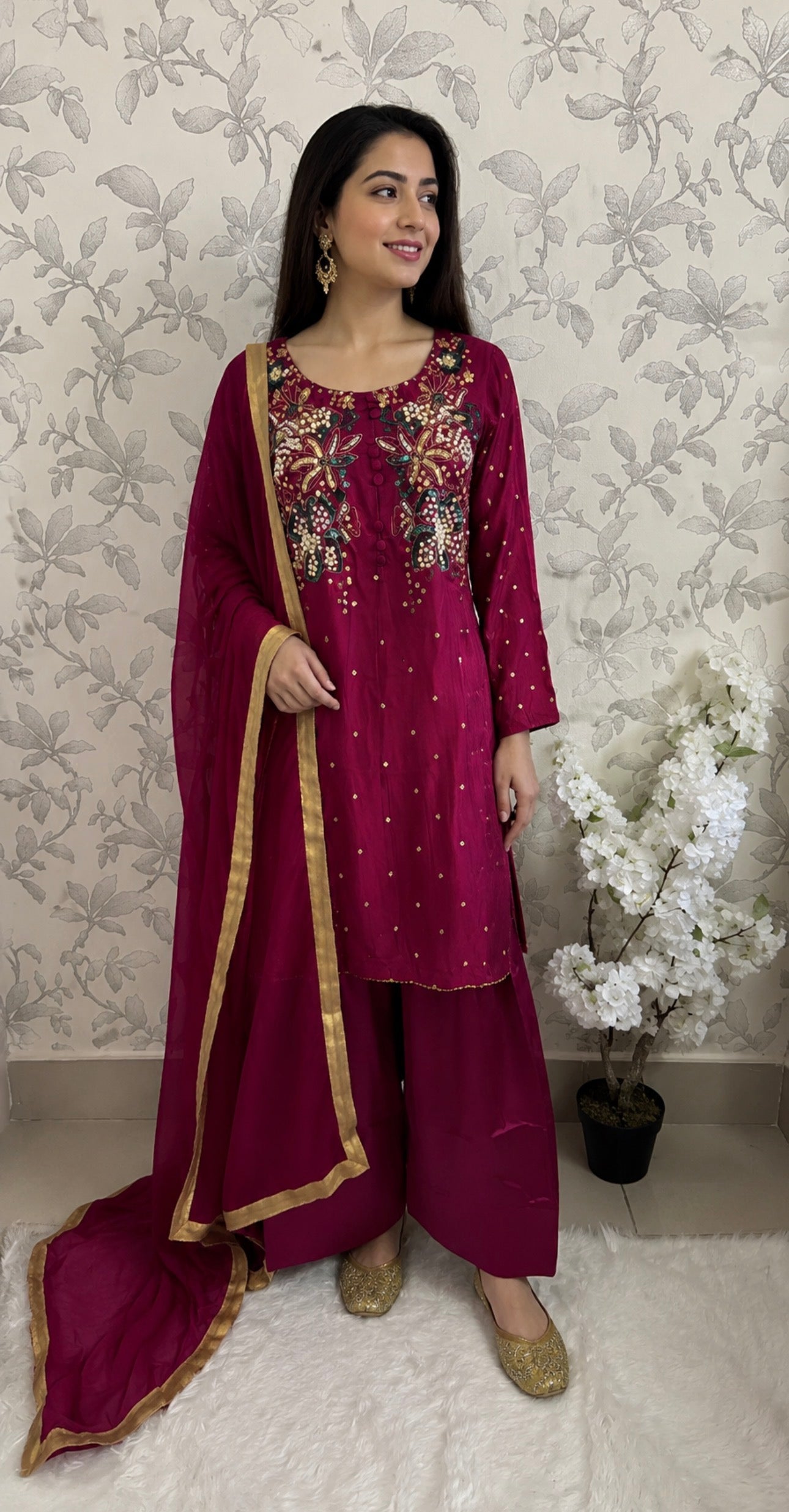 SILKY CHARM Luxury Embroidered Silk Suit with Pearl & Sequin Work