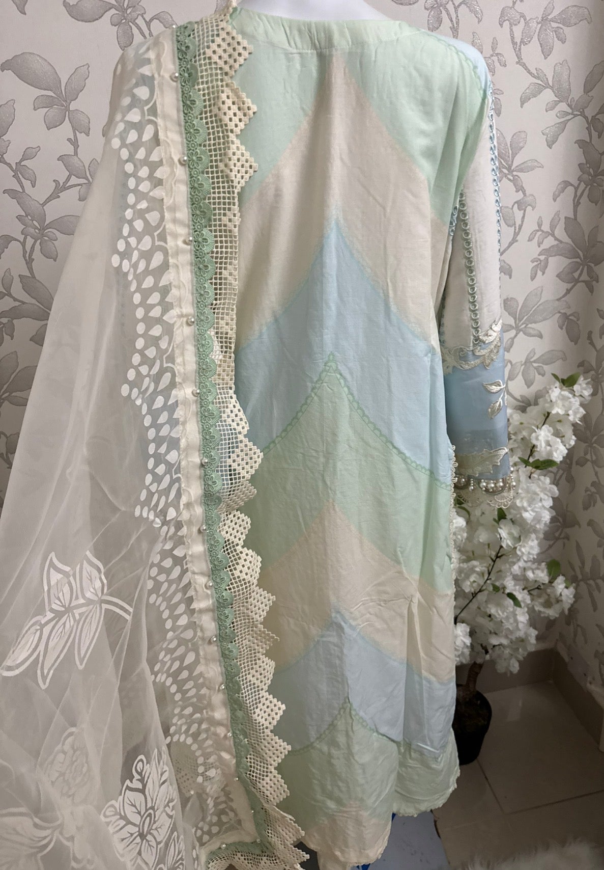 Mint Pearl Luxury Embroidered Suit – 3 Piece Collection