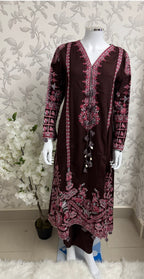 HUSN-E-EID Elegance Brown Embroidered Pakistani Suit with Printed Dupatta