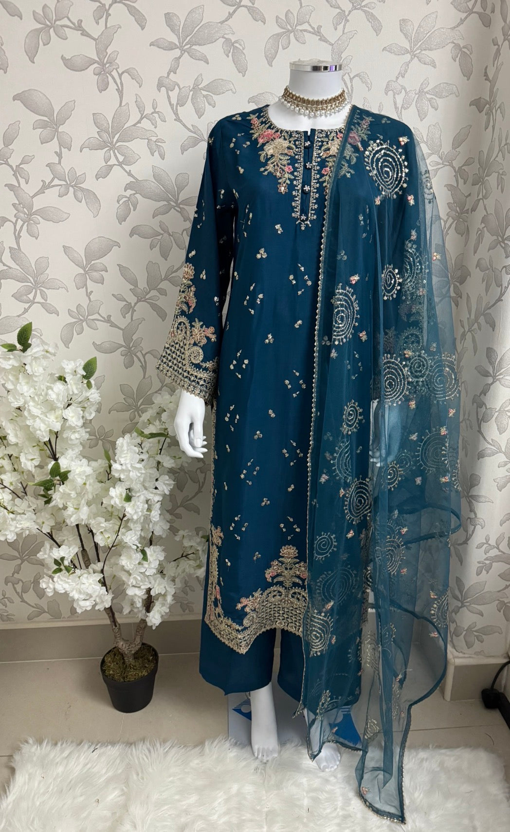 Teal Blue Embroidered Pakistani 3 Piece Suit – Luxury Eid Festive Wear