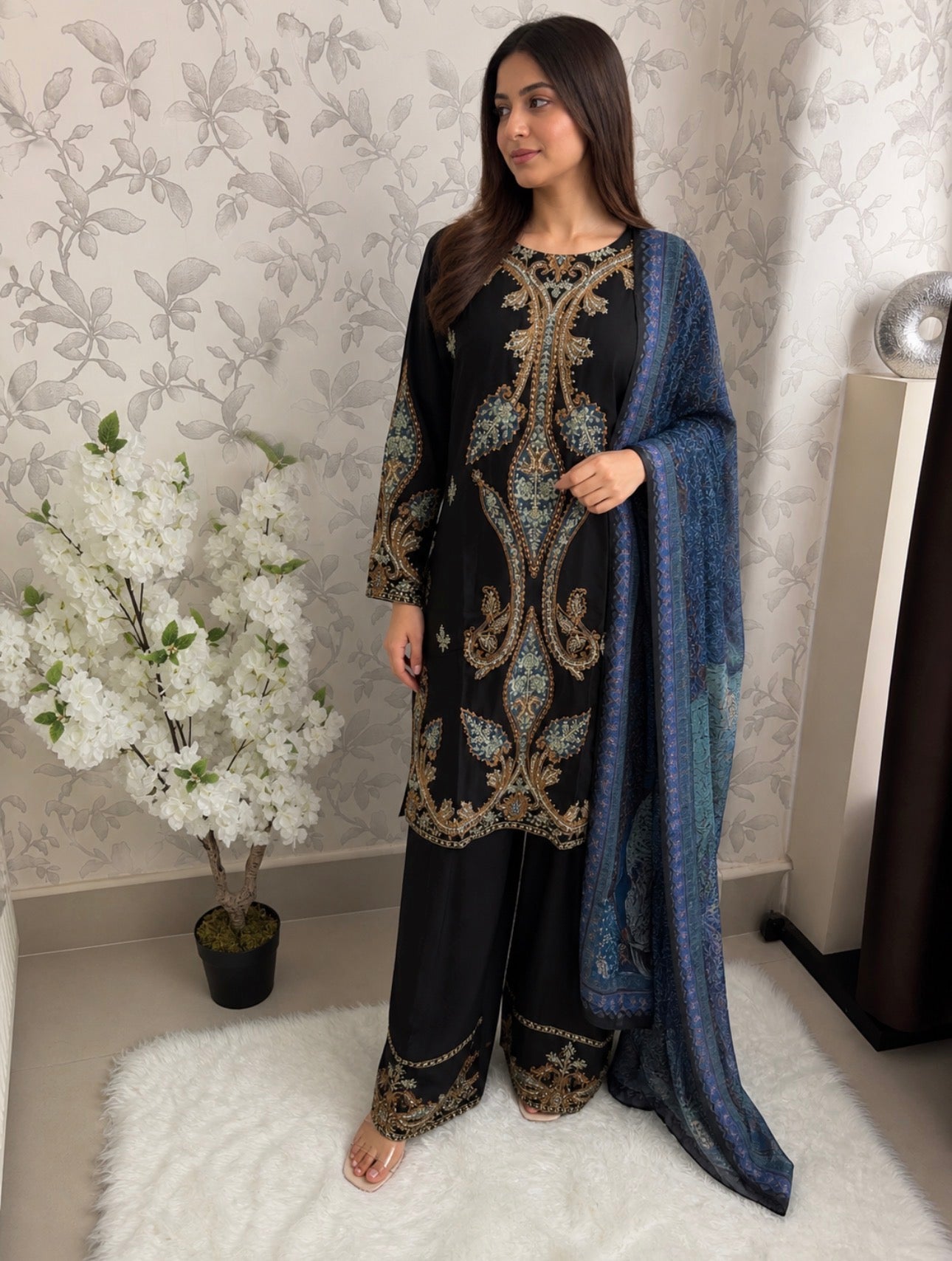 M Prints inspired Embroidered 3-Piece Suit | Pakistani Designer Dress
