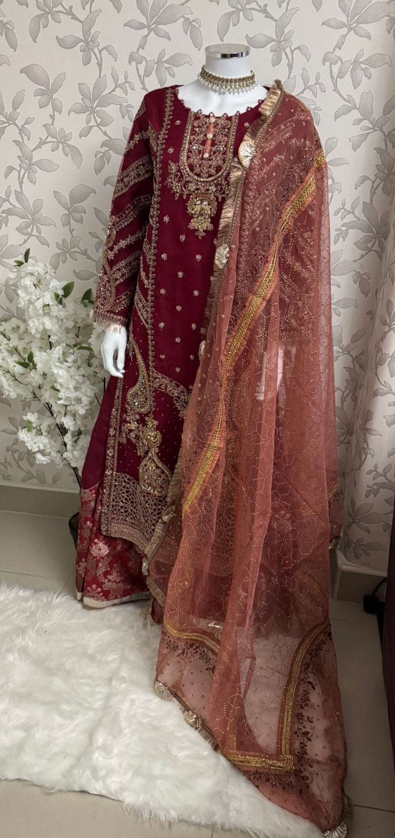 GULAAB…. Deep Maroon Embroidered Pakistani Sharara Suit with Rose Gold Dupatta