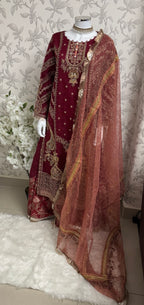 GULAAB…. Deep Maroon Embroidered Pakistani Sharara Suit with Rose Gold Dupatta