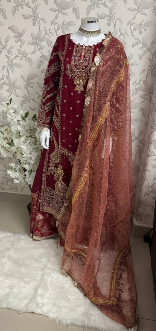 GULAAB…. Deep Maroon Embroidered Pakistani Sharara Suit with Rose Gold Dupatta