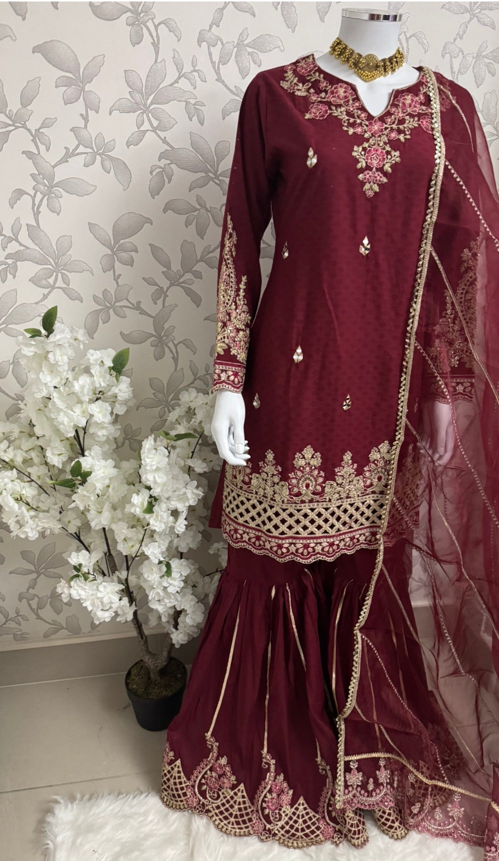 Maroon Embroidered Gharara Suit with organza Dupatta – Luxury Pakistani 3 Piece Set