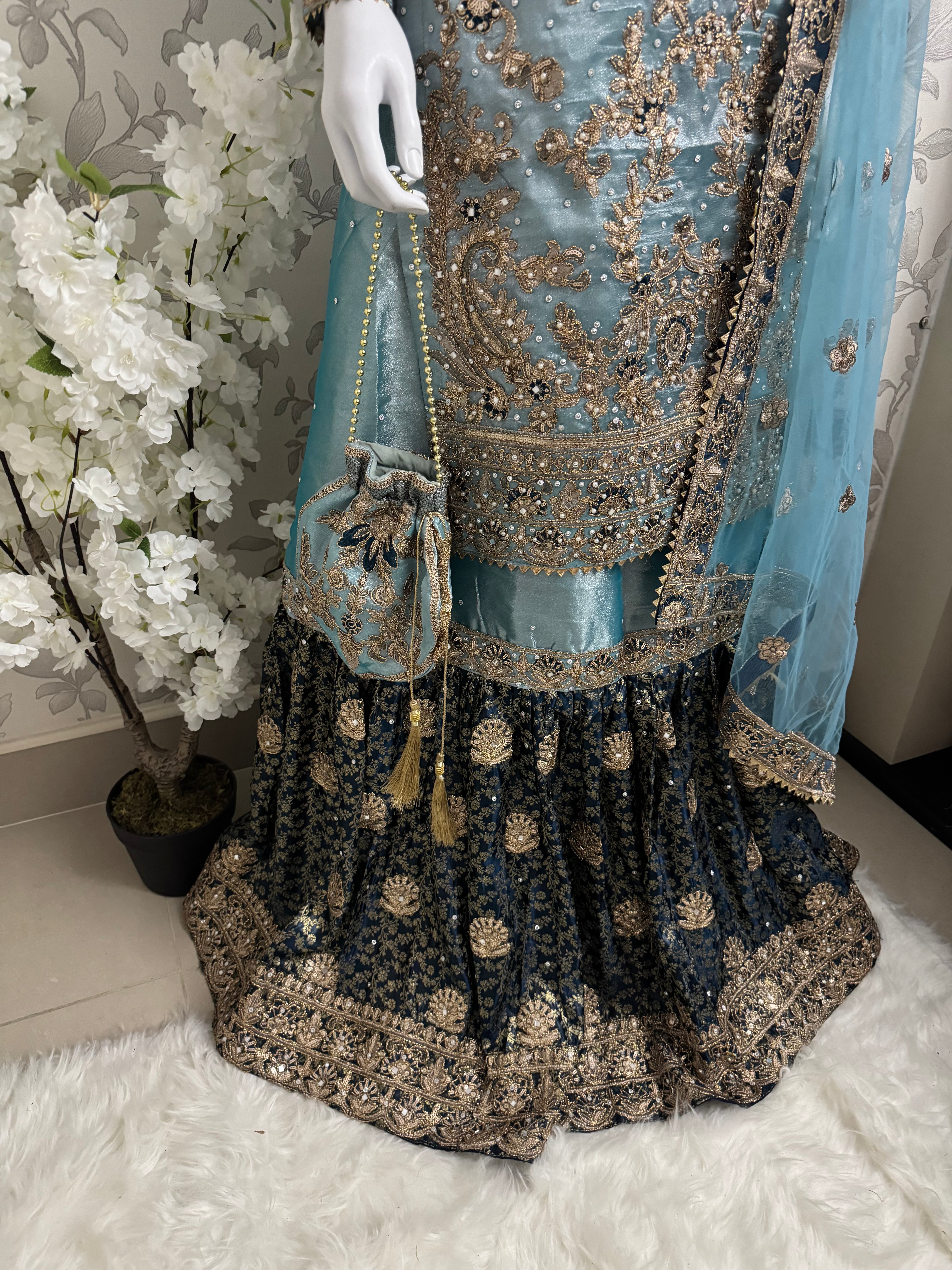 AMAIRA…. Champagne Gold & Maroon Embroidered Pakistani Gharara Suit with Net Dupatta